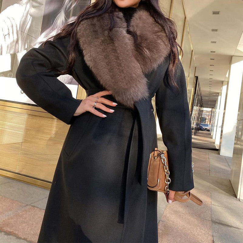 Solid Fur Collar Woolen Maxi Coat Women Fashion Lapel Full Sleeve Lace Up Pocket Loose Long Jacket Lady Autumn Daily Street Wear