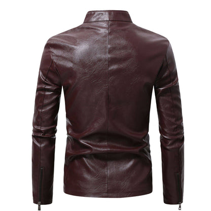 2024 Spring New Men's Business Casual Slim Long-sleeved Pu Leather Jacket Jacket Side Seam Pocket Zipper Solid Color