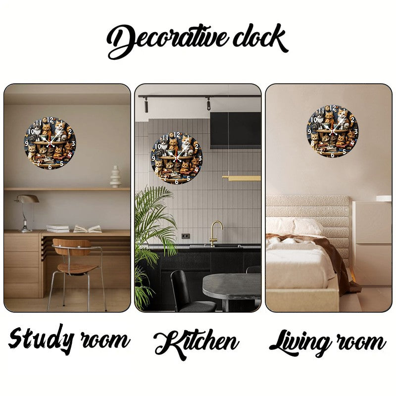 Cat Design Wooden Round Silent Hanging Wall Clock, Suitable For Living Room, Office, Study Room, Bedroom, Home Decoration