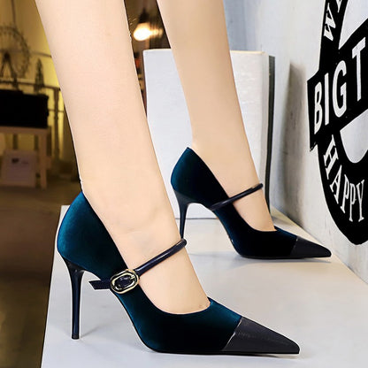 Korean Version Party 10cm 7cm High Heels Women Shoes Thin Heels Velvet Shallow Montage Pointed Toe Metal One-line Buckle Pumps