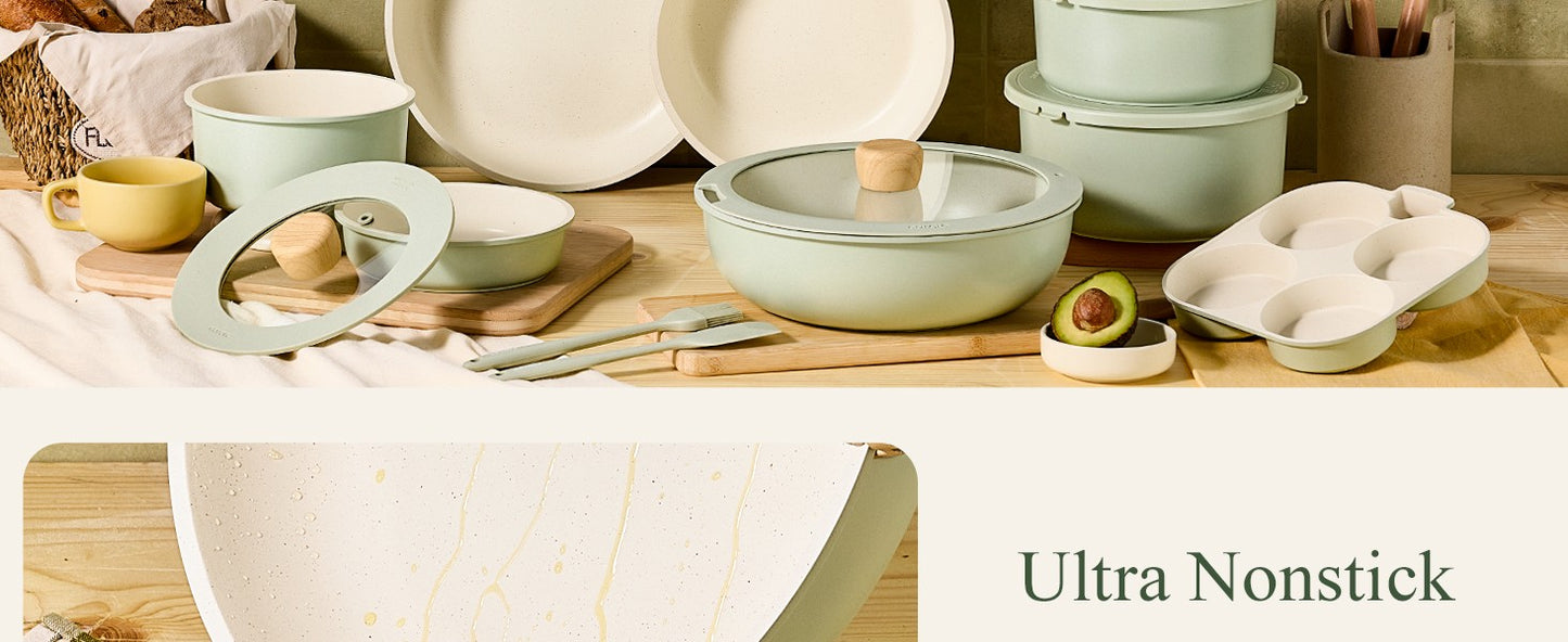 Conjunto de Panelas de 25 Peças Antiaderente, Conjunto de Utensílios de Cozinha, Conjunto de Cozinha, Seguro para Forno/Lava-louças/Geladeira, Conjunto de Panelas que Economiza Espaço, Conjunto Antiaderente