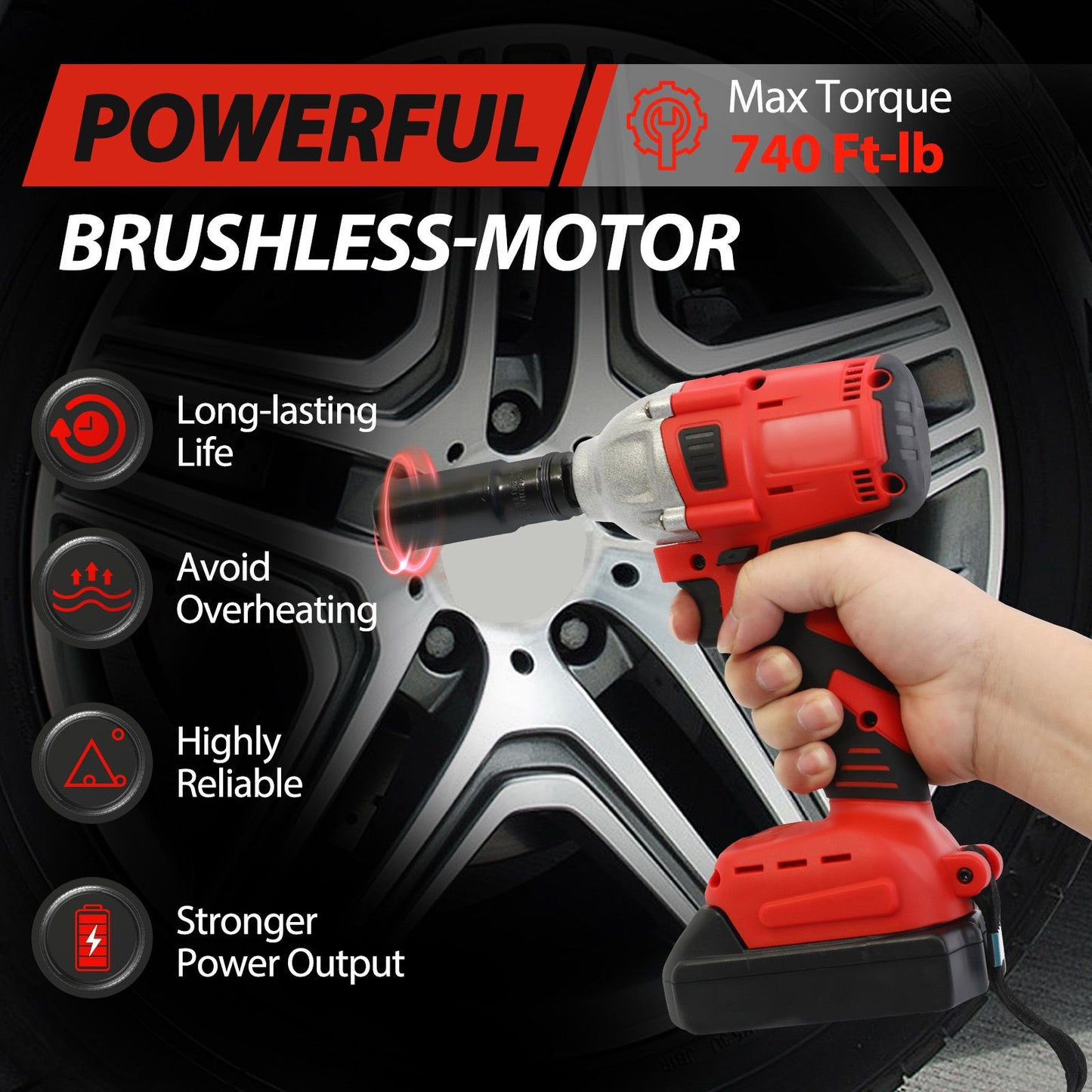 Chave de Impacto Sem Fio 1000 N.m (740 ft-lbs) Brushless Elétrica de Alto Torque com Baterias de 1500 mAh 20 V Carregador Rápido para Carro e Caminhão