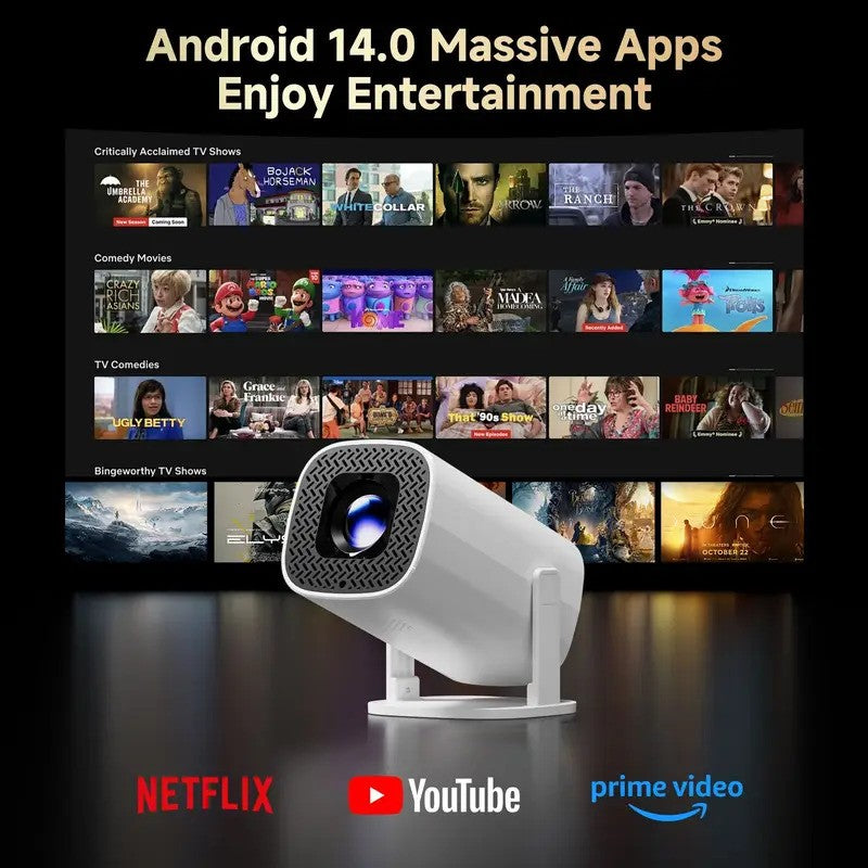 Mini Projetor Inteligente 2026 Android 14 WiFi6 BT 5.0 Suporte 4K 1280*720P Smart Home Cinema Projetor Portátil para Exterior