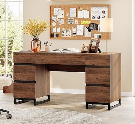 59 Modern administrative desk with drawers, wooden computer desk with charging station, home desk with file drawers