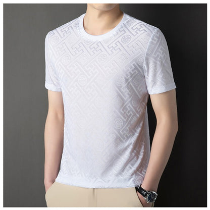 2024 Summer Ice Silk Men's Jacquard Short Sleeve T-shirt High end Brand Fashion Jacquard Cool Breathable Casual Round Neck Top