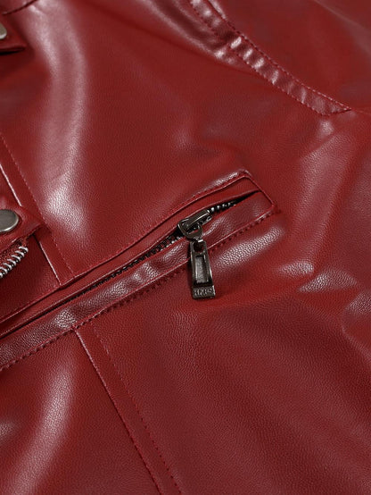 Men's Motorcycle PU Leather Jacket Fashionable Solid Color Slim Fit Zipper Long Sleeved Lapel Leather Jacket Men's Clothing