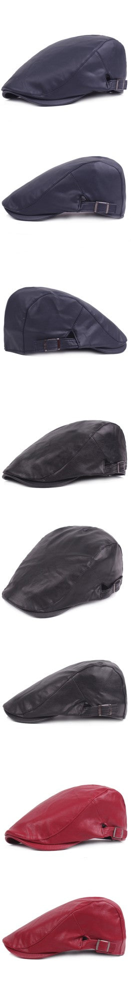 New Men Women Berets Faux Leather British Vintage Flat Cap Male Solid Black Red Navy Brown Newsboy Caps Adjustable Driver Hats