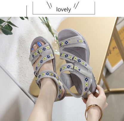 Spring And Summer Printed Velcro Comfortable Casual Beach Flat Sandals For Women's Ethnic Style Leisure Comfortable And Simple