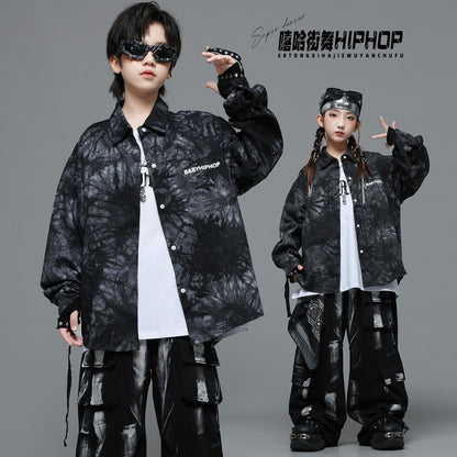 Roupas Infantis Hip Hop Casaco Brilhante Preto Top Calças Jogger Pretas de Rua para Meninas Meninos Fantasia de Dança Jazz Roupas