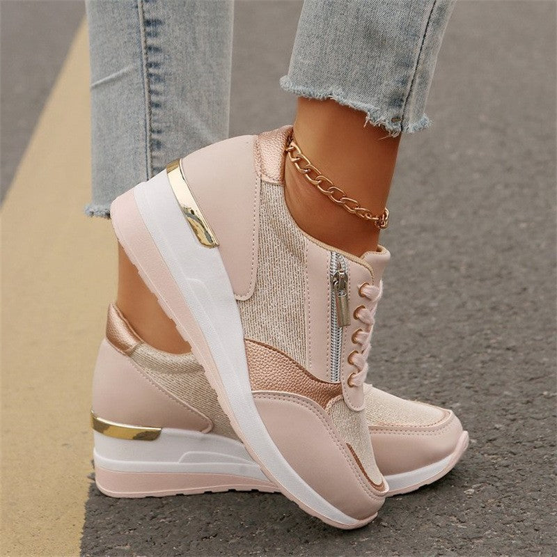 Fashion Thick Bottom Silver Sneakers Women 2025 Spring Wedge Heel Vulcanized Shoes Woman Comfortable Lace Up Sport Sneaker Mujer