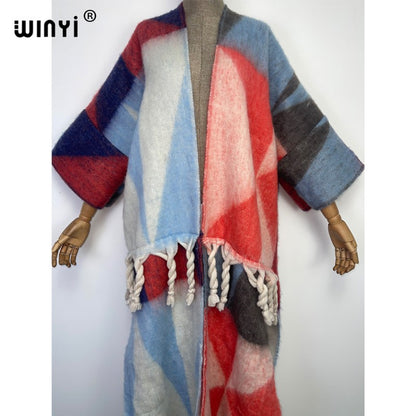 2022 WINYI Winter Women tassel Cardigan coat Loose Christmas dress robe longue Thick Warm free size Middle East Female Kaftan