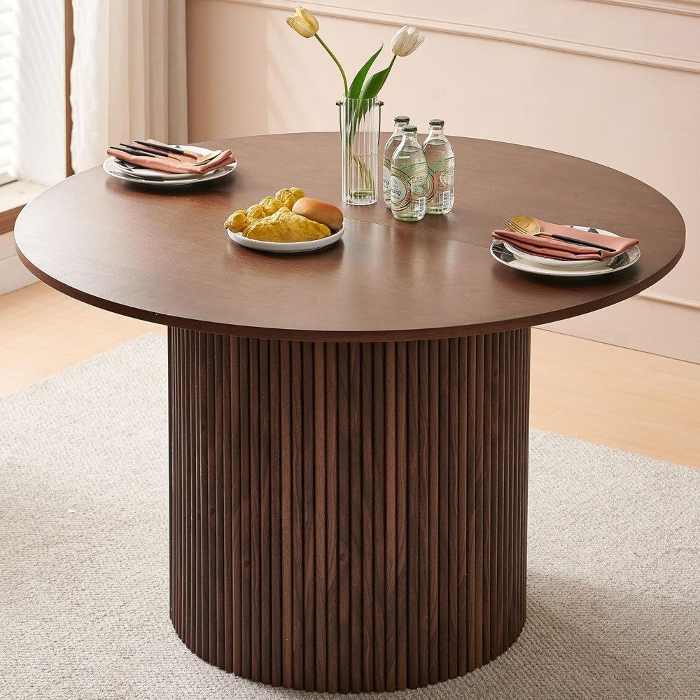Round Dining Table for 4, Modern Farmhouse Kitchen Table, 47 Inch Small Circle Dining Tables, Walnut Wood Veneer Tabletop with W