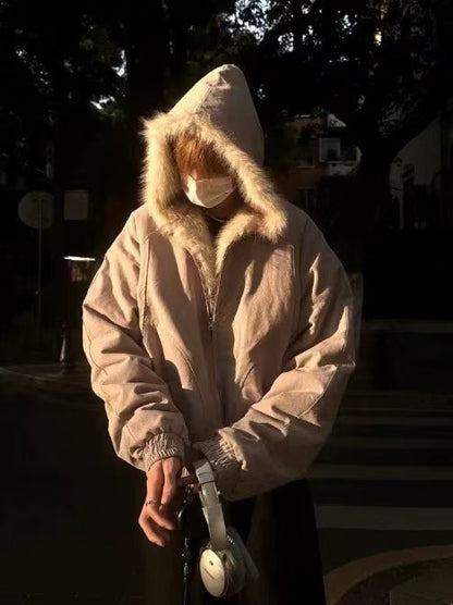 Grey Womens Korean Style Fleece Jacket Winter Warm Thick Workwear Punk Retro Casual Layering Wear Unisex Couple Matching Coat