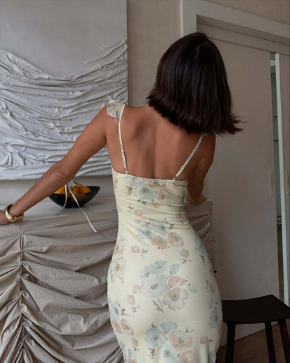Cryptographic Summer Floral Print Plunge Maxi Dress Outfits Sexy Backless Fairy