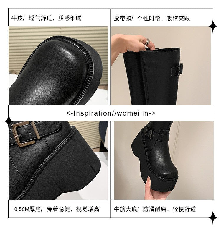 2024 Women's Shoes Basic Women's Boots Classics Knee-High Boots Women Belt Buckle Side Zip Round Toe Wedge Platform Shoes Ladies
