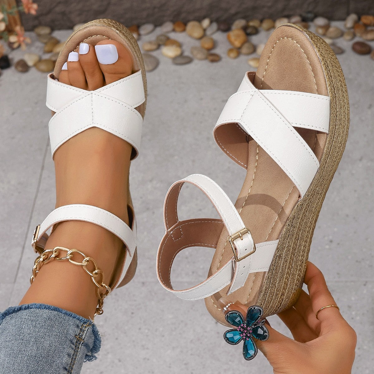 Women's White Chunky Platform Sandals Summer 2024 Buckle Strap Wedge Sandals for Woman Thick Sole Non Slip Beach Sandalias Mujer