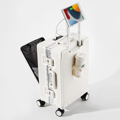 Mala de Viagem com Abertura Frontal, Estrutura de Liga de Alumínio, Trava, Plug USB para Carregamento, Rodas Giratórias e Alça Retrátil