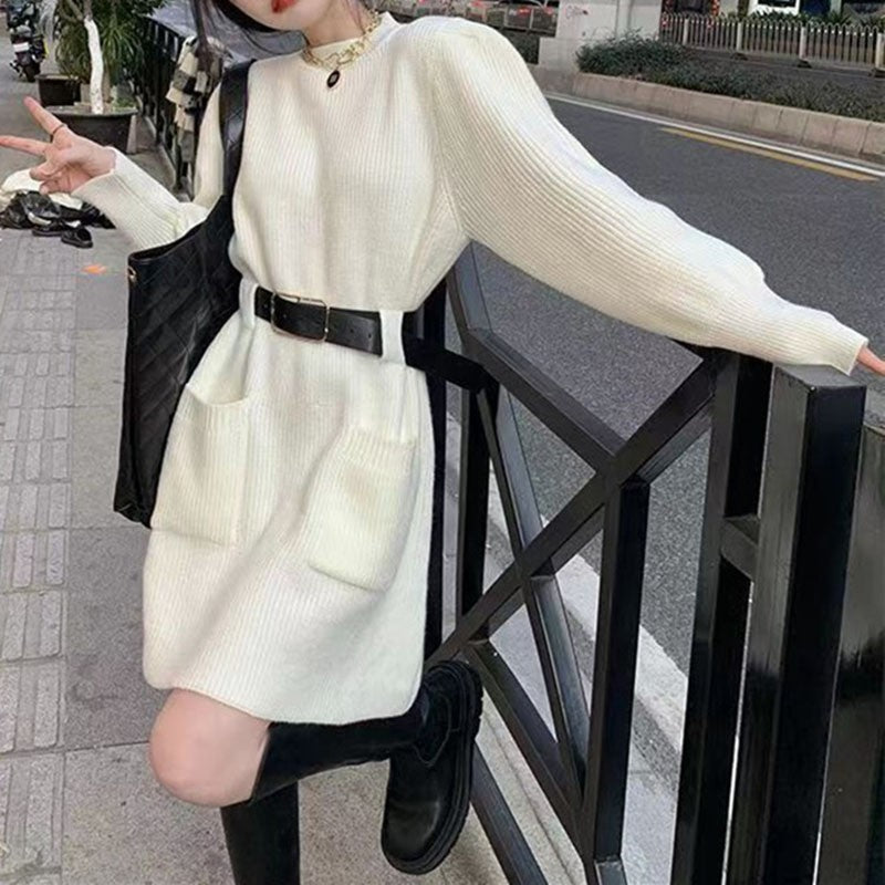 Autumn Winter Striped Knitted Dress Women Korean Fashion Double Pockets Short Dresses Ladies Casual Loose Long Sleeve Knit Dress