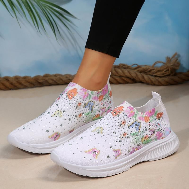 Floral Crystal Decor Slip On Sneakers Women Plus Size 35-43 Breathable Mesh Sports Shoes Woman Comfortable Soft Sole Flats Shoes