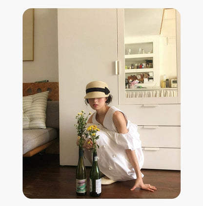 Bow shaped dome grass woven duckbill hat for women, summer outdoor face enhancing small grass hat, sun protection and shading