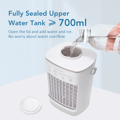 Mini climatizador portátil de 4 velocidades para mesa com temporizador, ventilador de resfriamento, spray de água, USB, para escritório e casa