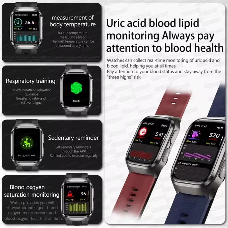 2025 Novo Smartwatch de Enfermagem de Grau Médico Air Bag para Homens, Gordura Sanguínea, ECG+PPG, Pressão Arterial, Transmissão, NFC, Chamada BT HD, Smartwatch de Saúde para Mulheres