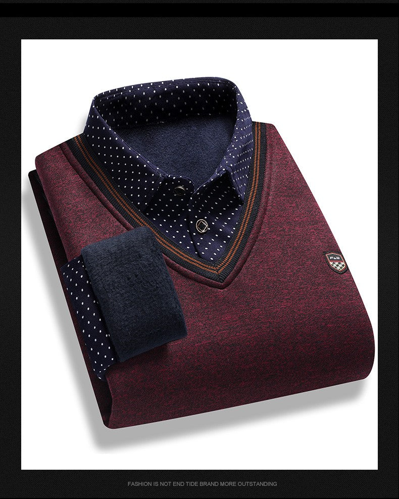Men's Fleece Lining Sweater Autumn Winter Pullover Polo Shirt Collar Fake Two Piece Thick Warm Top Clothes Casual Knitwear