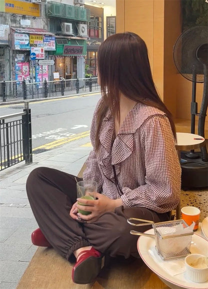 Women's Shirt Fall 2025 New Red Check Long Sleeve Stacked Decoration Pastoral Collegiate Shirt Casual Fashion Lively Personality