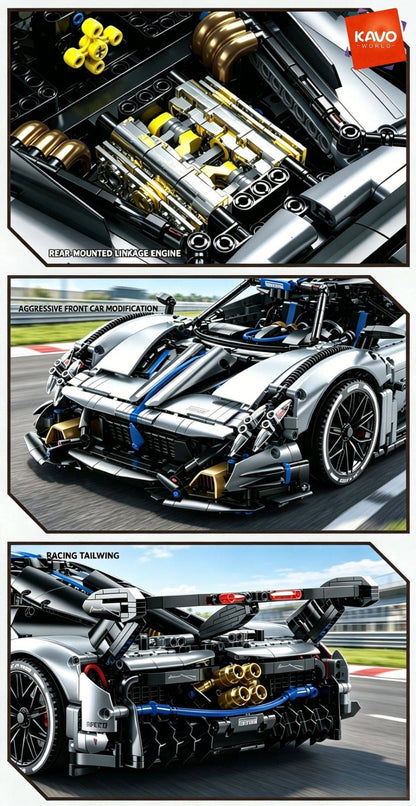 KAVOWORLD 1:8 Scale Silver-Blue Technical Super Racing Sports Car Building Blocks Set 3526pcs DIY STEM Assembly Premium ABS Racing Car Building Bricks Toy Model with Rear Linkage Engine & Track Wing, Ideal Birthday Christmas Gift for Teens Adults