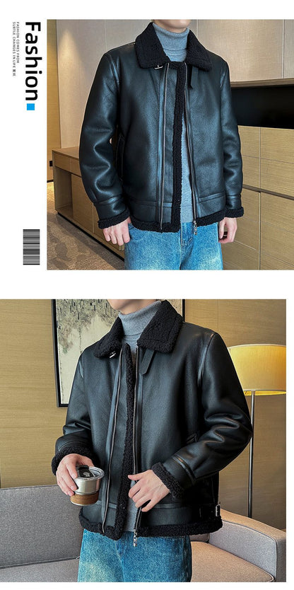 Autumn and winter warm thick leather jacket for men's trendy slim fit lapel motorcycle suit men's leather jacket