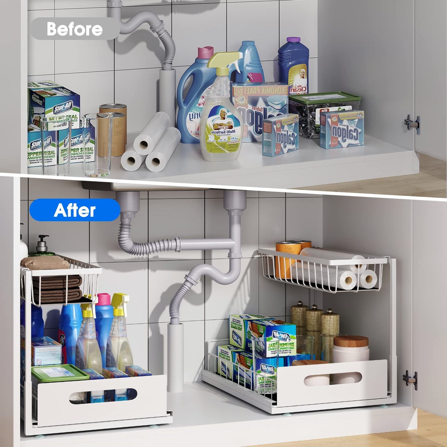 Under Sink 2 Tier Sliding Cabinet Basket Organizer Drawer Pull Out Cabinet Multi-Purpose  Sink Organizer for Bathroom Kitchen