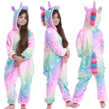 Winter Kids Pajama Sets Soft Warm Flannel Unicorn Costume Kigurumi Boy Girl Onesie Set Panda Tiger Bunny Deer Lion Pyjamas Suit