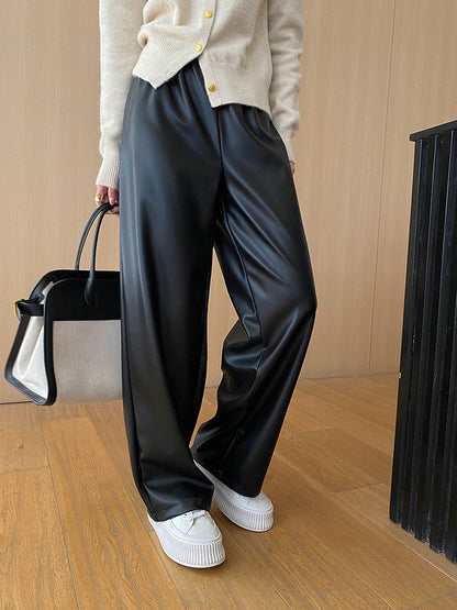 High Elastic Waist Coffee Pu Leather Long Wide Leg Pants New Trousers Women Fashion Tide Spring Autumn