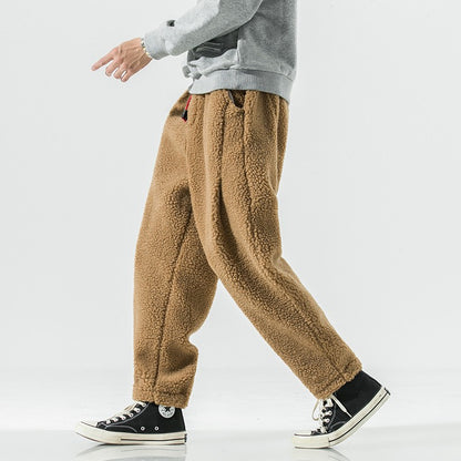 Winter Men's Lamb Wool Casual Pants Fleece Warm Elastic Waist Sweatpants Solid Thick Harem Pants Male Vintage Joggers Trousers