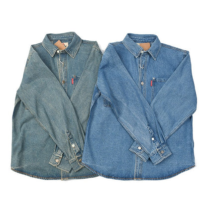 Retro Waed Denim Workwear irt Casual Everyday Basic Long Sve irt Trendy Autumn Cotton 00% Button up Pure Color