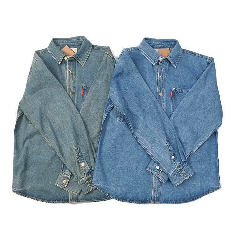 Retro Waed Denim Workwear irt Casual Everyday Basic Long Sve irt Trendy Autumn Cotton 00% Button up Pure Color