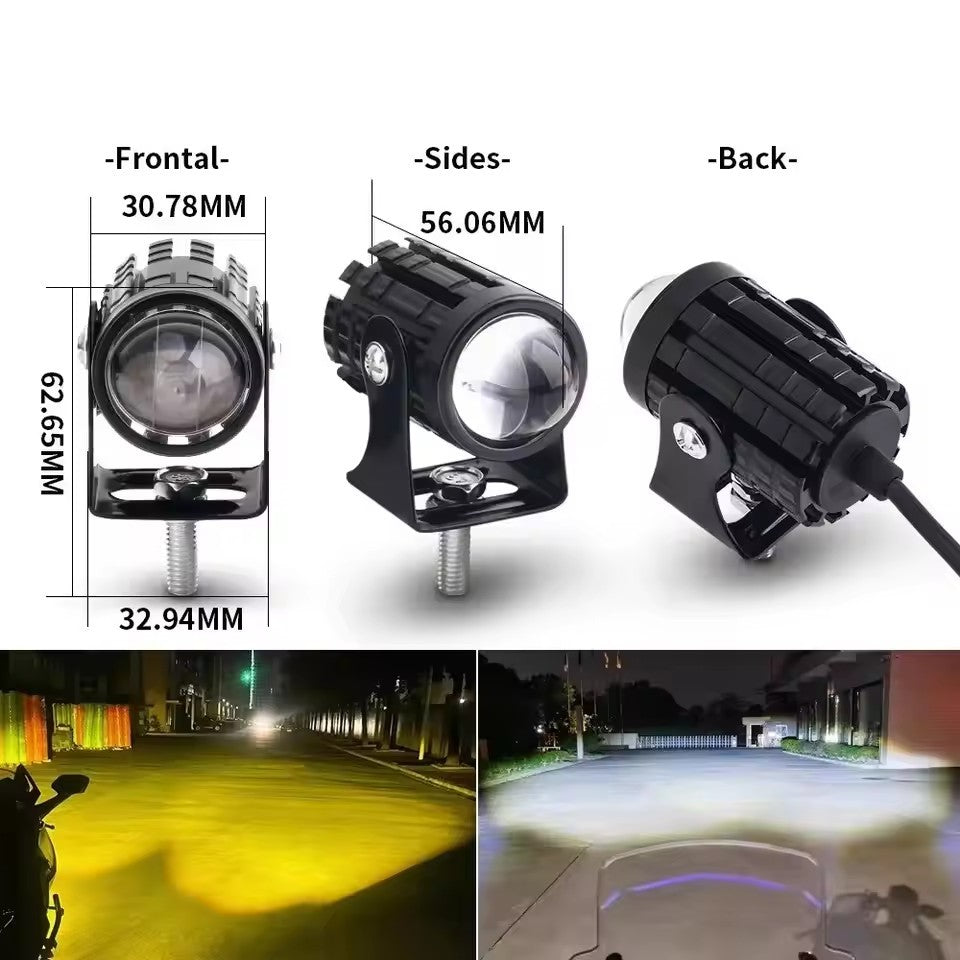Farol de LED Universal para Motocicleta Lente Projetor Duas Cores ATV Scooter Luz de Condução Luz de Neblina Holofote Auxiliar