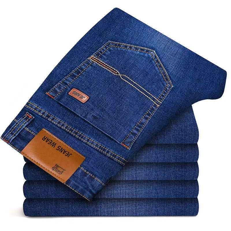 2025 Autumn Classic Men's Fitted Stretch Jeans Business Casual Cotton Denim Straight Leg Pants Male Black Blue Trousers