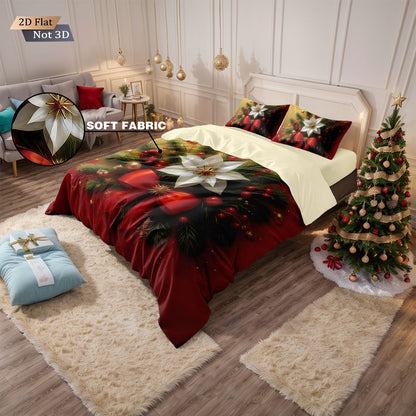 3pcs Christmas red floral print coreless duvet cover set multi size bedroom bedding holiday decoration soft  machine washable