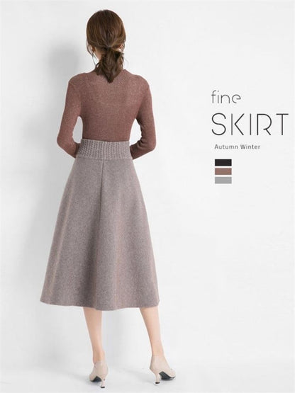 Autumn Winter Women's Mid-Length Knitted Pleated Skirt High Waist A-Line Long Skirt Loose Fuzzy Wool Skirt Double ket