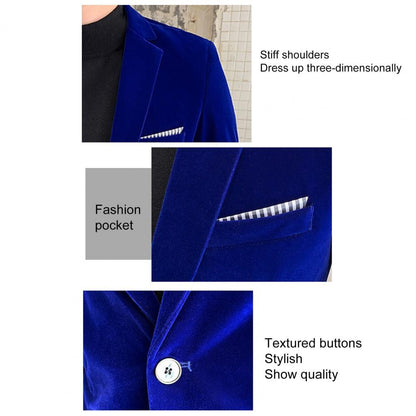 Spring Velvet Men Solid Color Temperament Suit Jacket Turndown Collar Long Sleeve Slim Fit Single Button Velvet Suit Coat