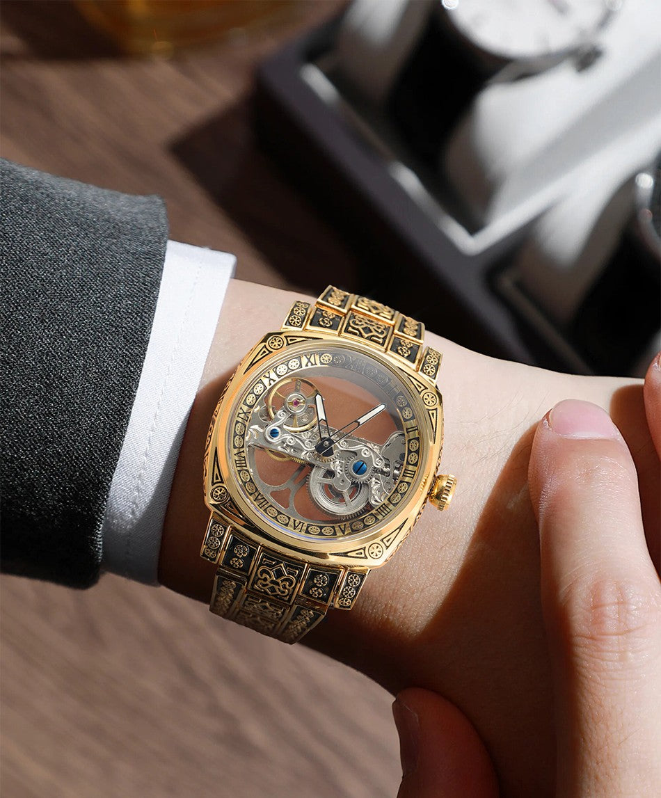FORSINING High-end Luxury Gold Skeleton Mechanical Man Watch Automatic Movement Clock Stainless Steel Male Bronze Wrist Watches