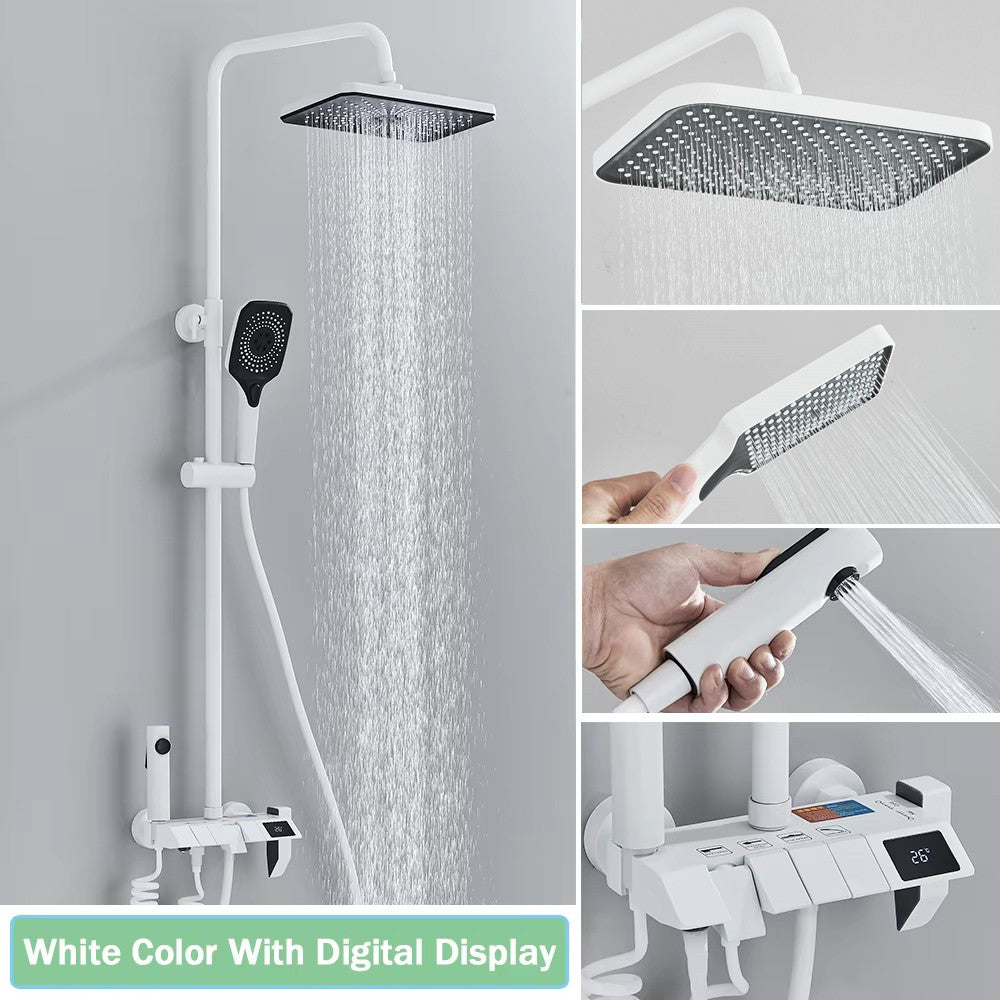 Conjunto de Torneira de Chuveiro Digital Inteligente Rozin Preto Estilo Piano Sistema de Banheiro Queda de Chuva Misturador Digital Cinza com Chuveirinho Bidê