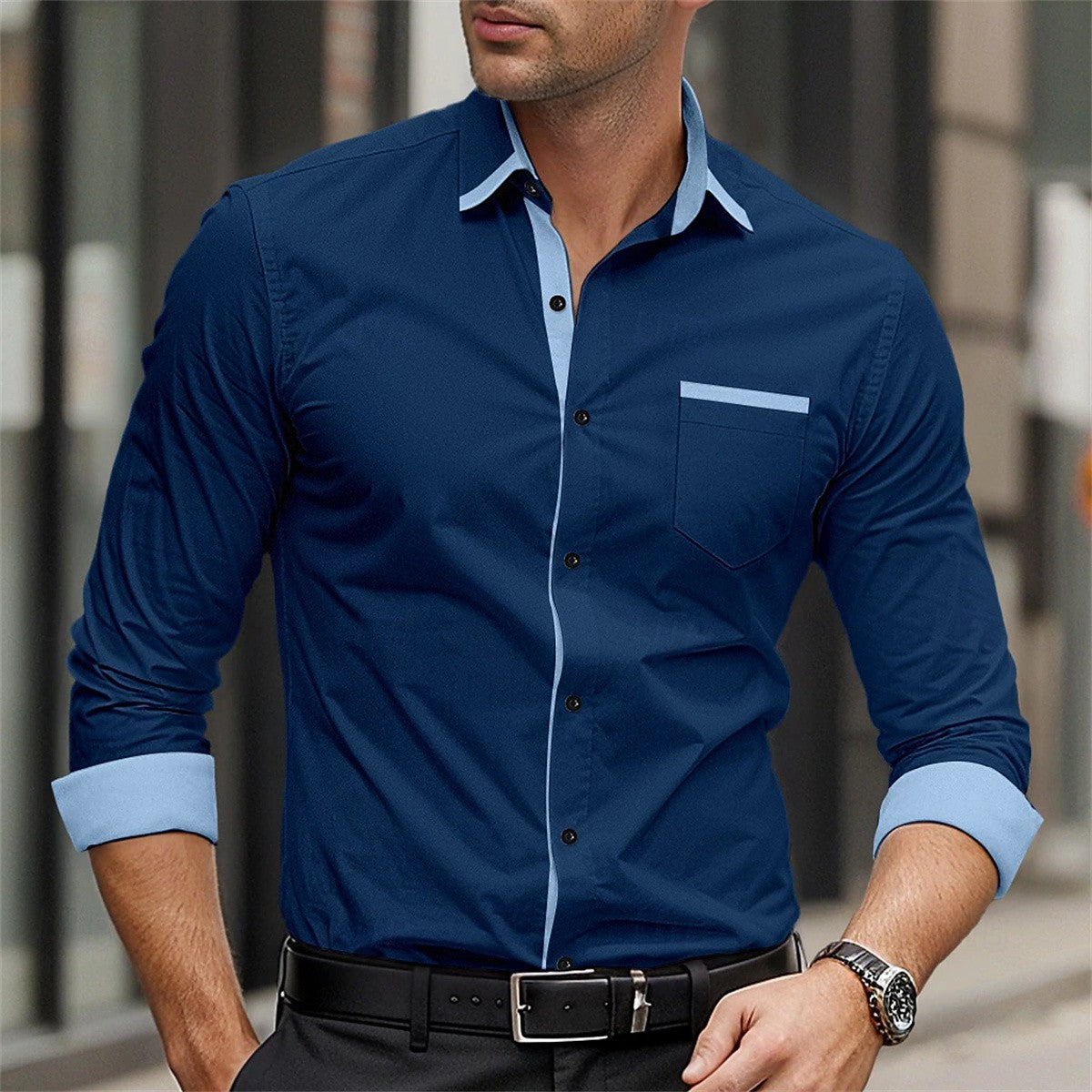 New men's formal button up shirt long sleeved solid color lapel for spring and autumn weddings, daily pocket patchwork clothing