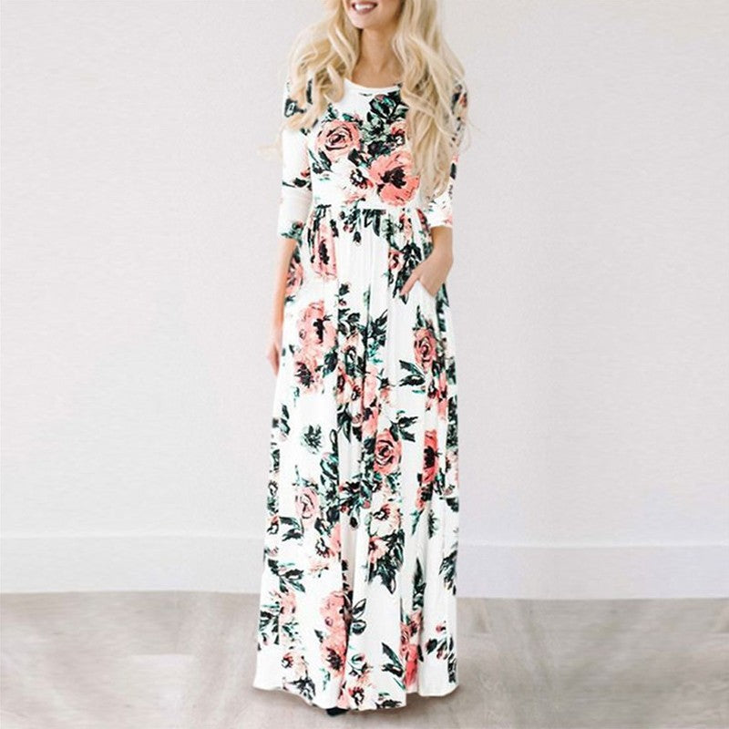 Women Summer Floral Print Maxi  2025 Loose White Boho Beach Dress Women Vintage