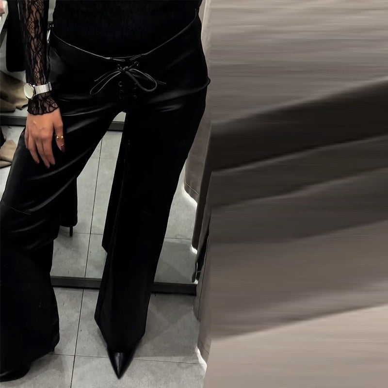 Elegant Women's Bandage PU Leather Trousers Black Low Waist Slim Straight Flare Pants 2025 Autumn Winter Lady Chic Y2k Pant New