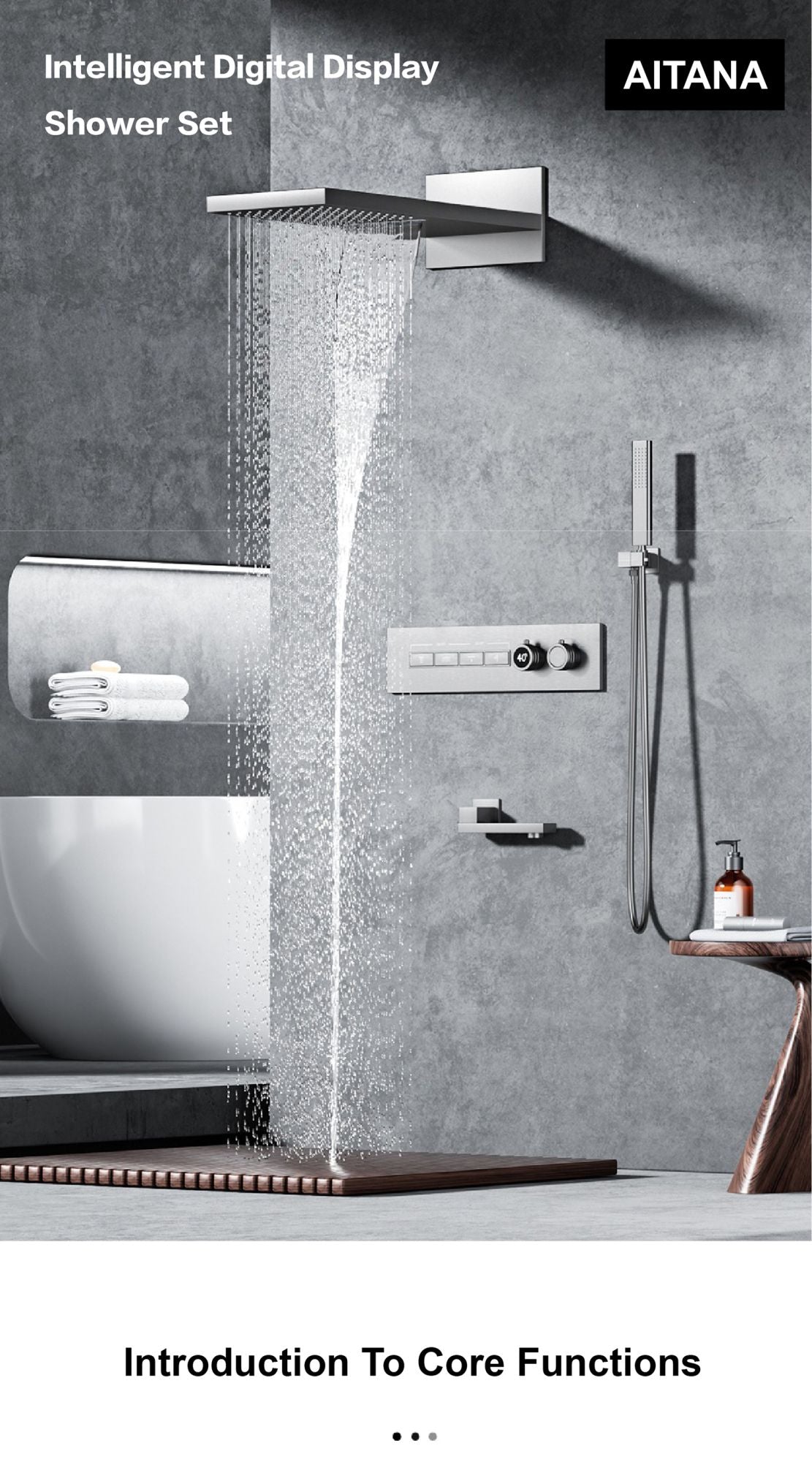 Luxury gun gray brass thermostatic shower system wall mounted LED digital display hot and cold water bathroom embedded faucet