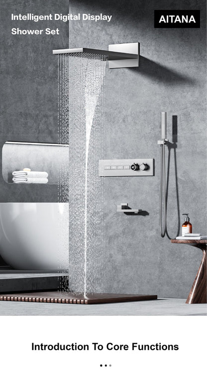 Luxury gun gray brass thermostatic shower system wall mounted LED digital display hot and cold water bathroom embedded faucet