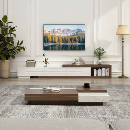 82-110'' Extendable TV Stand for Up to 120"TV, Wood Reversible TV Media Console w/3 Drawers & Open Storage Shelf for Living Room