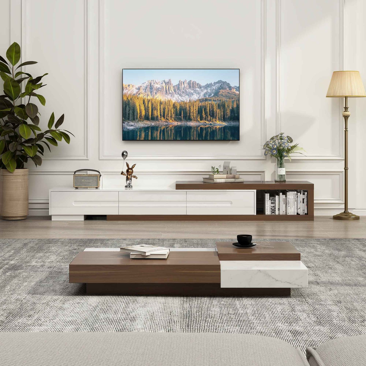 82-110'' Extendable TV Stand for Up to 120"TV, Wood Reversible TV Media Console w/3 Drawers & Open Storage Shelf for Living Room